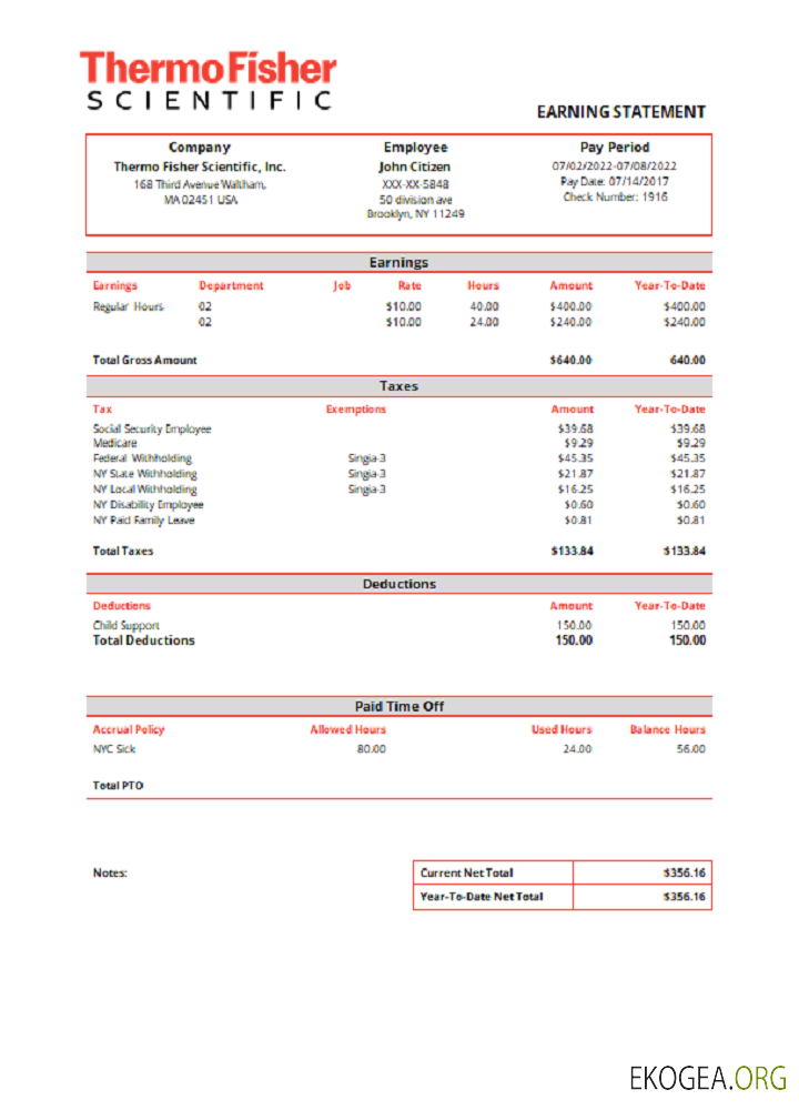 Fiche de paie de la société d'instruments de laboratoire Thermo Fisher Scientific aux États Unis